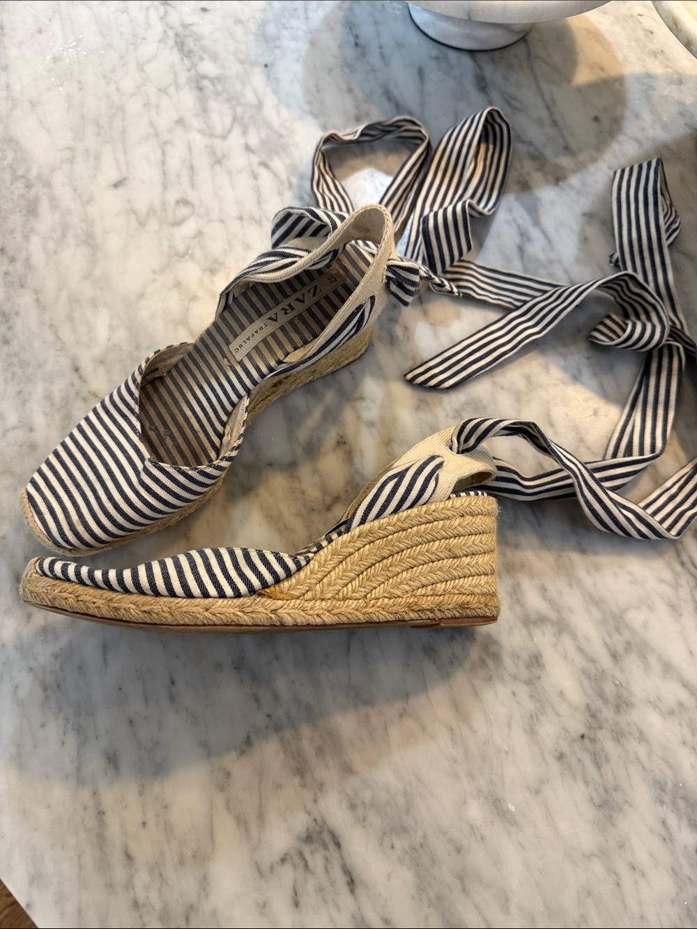 Zara Navy & White Espadrille Wedge Sandals with Ankle Ties